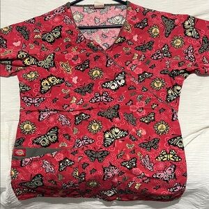 Dickies Red Butterfly Print Scrub Top